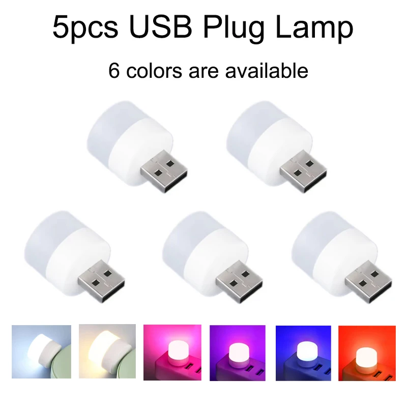 5pcs USB Plug Lamp Computer Mobile Power Charging USB Small Book Lamps LED Eye Protection Reading Light Small Light Night Light