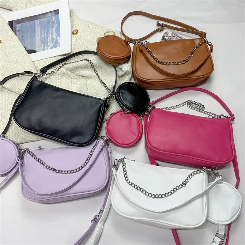Женская мягкая искусственная Мода, женские повседневные однотонные сумки на цепочке под подмышек, женская сумка через плечо, сумка-тоут, комплект из 2 предметов