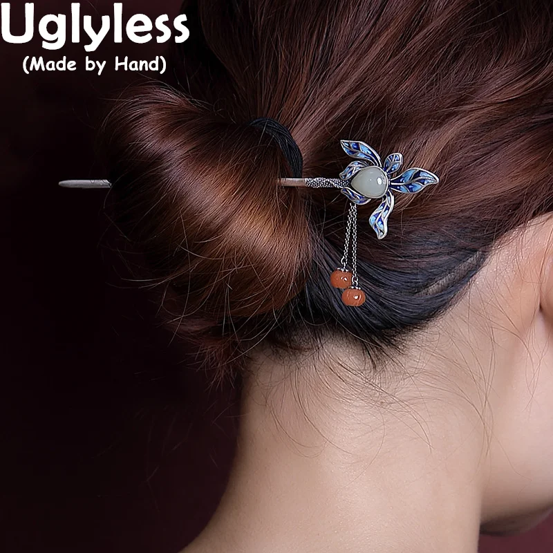 Ful Silver Hair Stick Women 925 Silver Flower Hairwear Elegant Orient Beauty Hair Jewelry Jade Agate Tassel