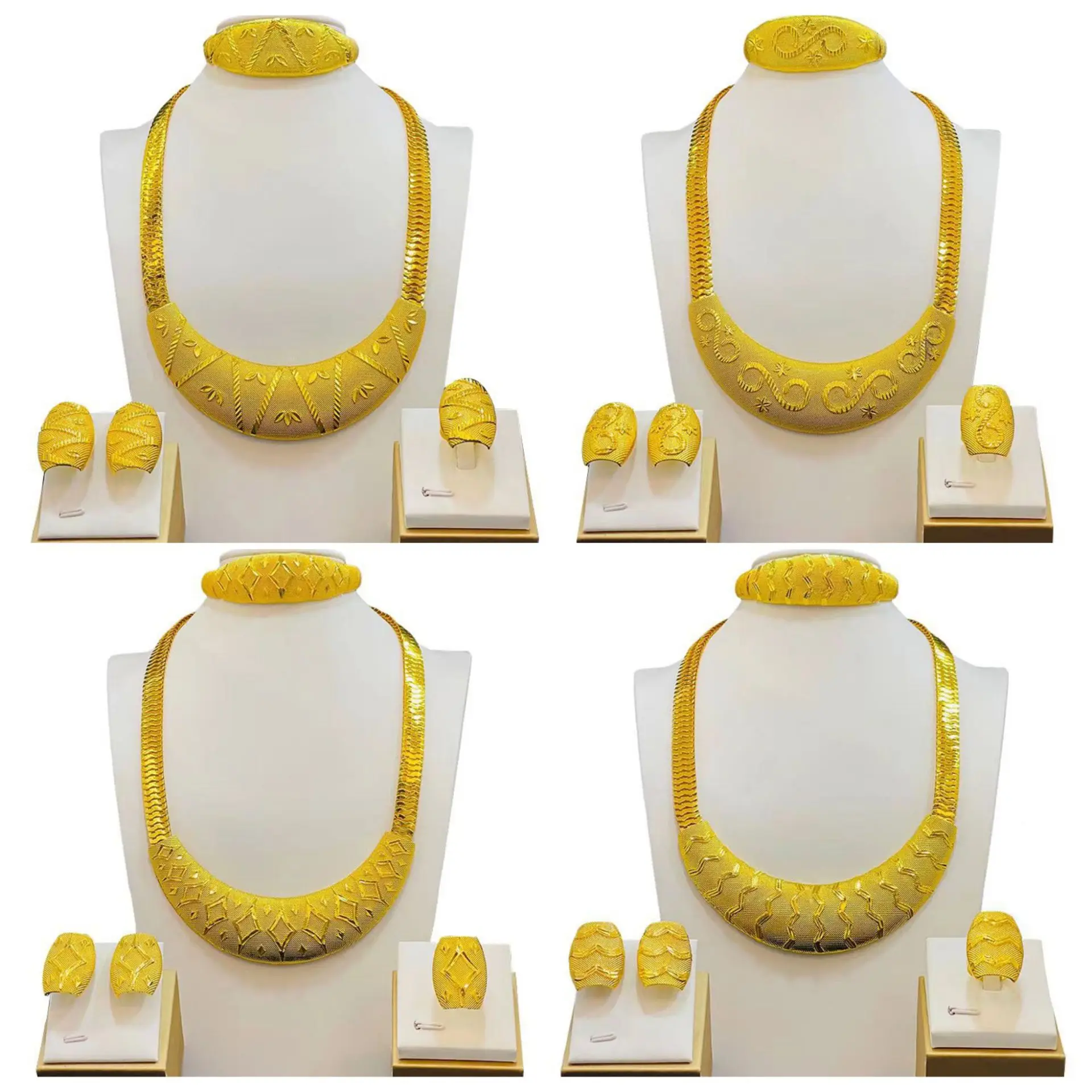 

Hot Selling 24K Gold Necklace Earrings Bracelet Ring Bride Worship India Vietnam Dubai Thailand For Women Wedding Jewelry Set