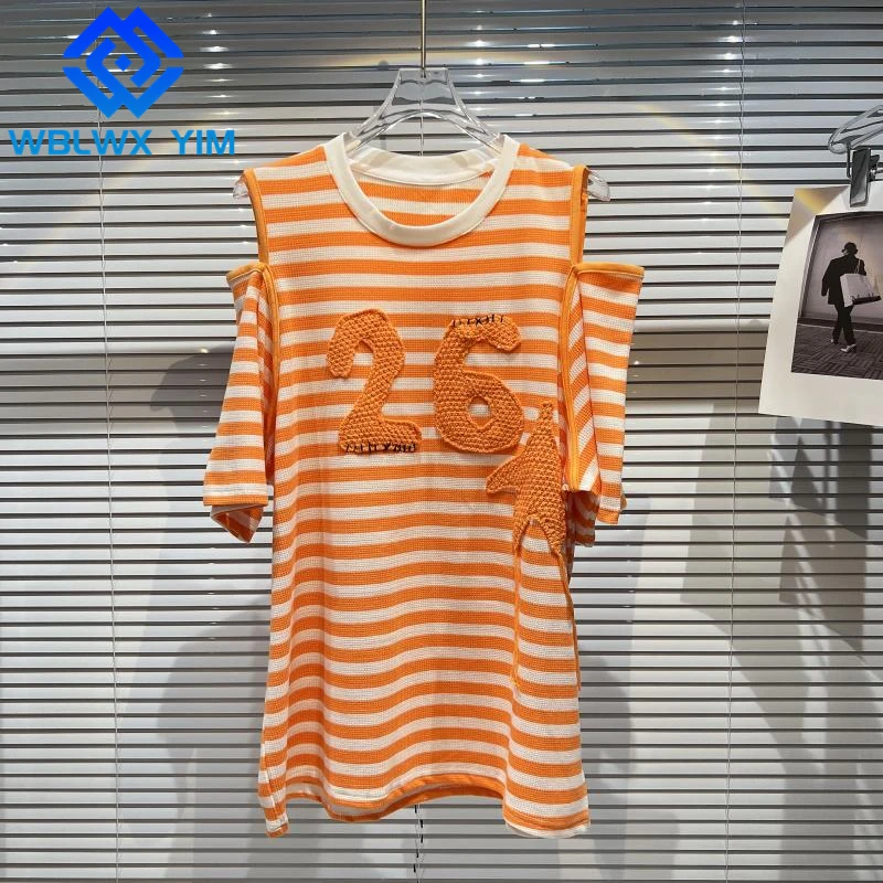 

Letter Embroidery T-Shirt Women O-Neck Off Shoulder Casual Tees Fashion Striped Print T Shirt Female Summer Loose Long Tops