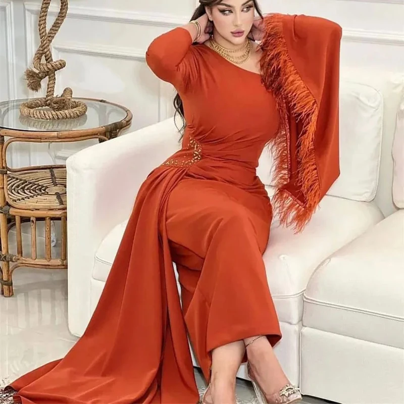 

Trumpet Sleeve فساتين السهرة Luxury Feather Crystal Prom Dress 2023 Orange Mermaid Vestidos De Noche Ankle-Length Prom Gown