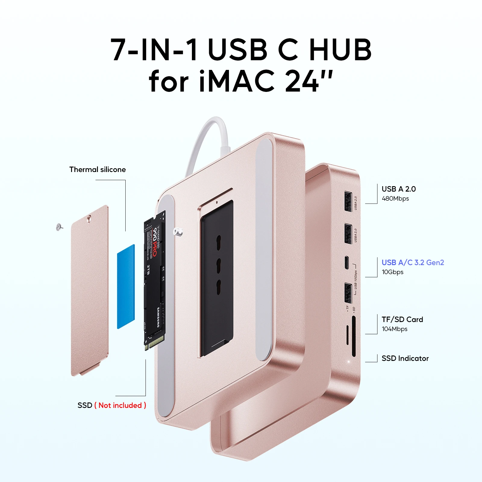 USB-концентратор PULWTOP аксессуары для iMac 24 дюйма 2021/2023/2024 с USB C 10 Гбит/с поддержка