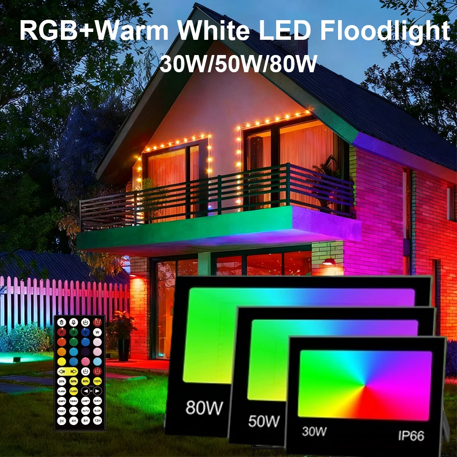 Фото Светодиодный RGB прожектор 80W 50W 30W AC85-265V, уличный водонепроницаемый LED-светильник, лампа-проектор для наружного освещения и декоративного освещения №1