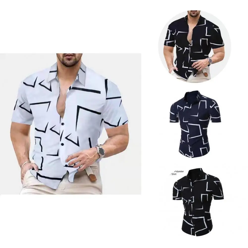 

Trendy Shirt Geometric Print Button Men Top Turn-down Collar Summer Top