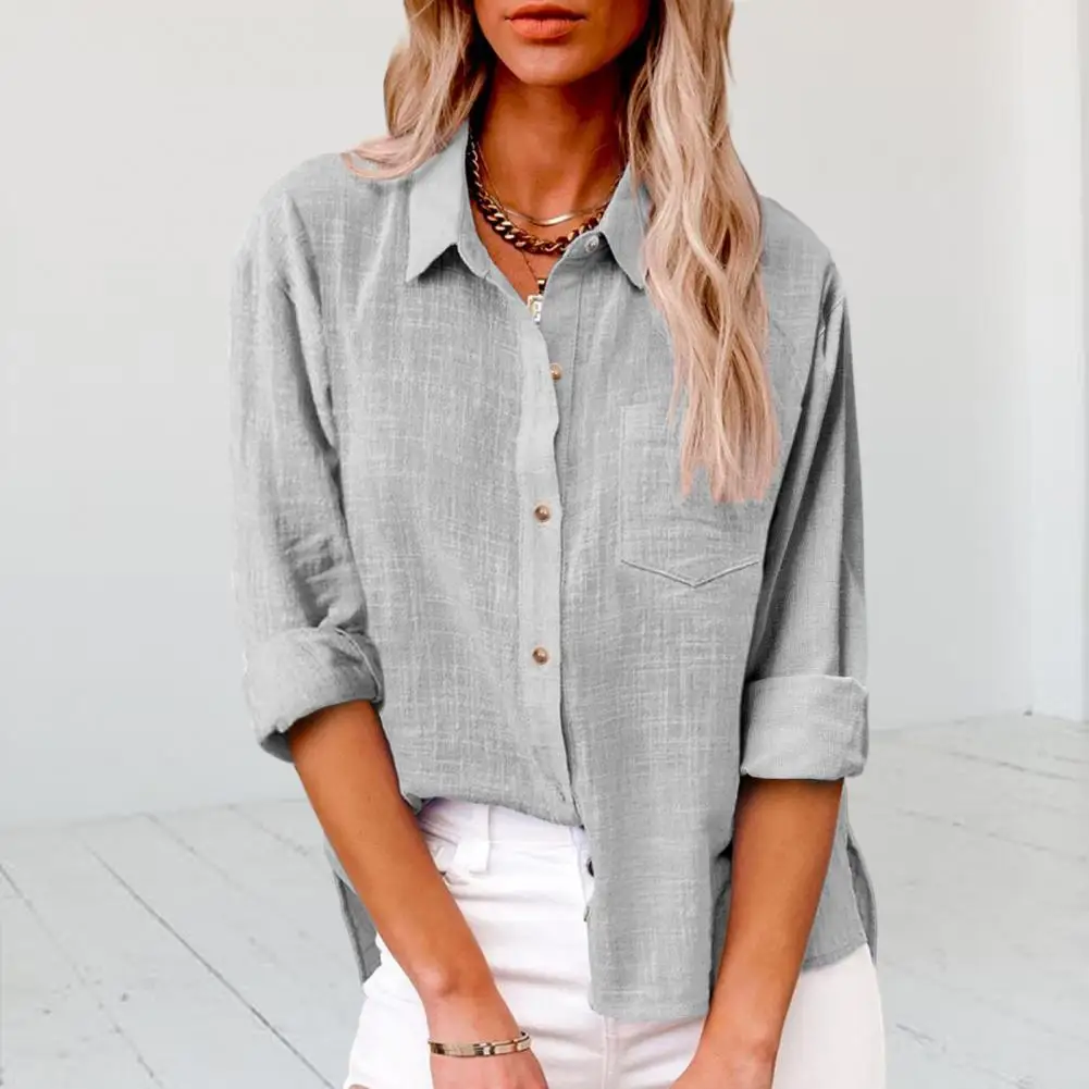 

Women Lapel Long Sleeve Shirt Tops Retro Solid Color Patch Pocket Single Breasted Casual Shirt Workwear