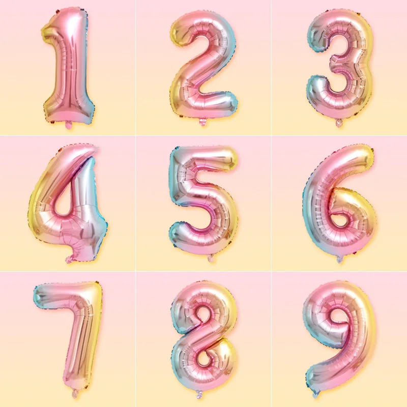 

Thin Body Gradient 40 Inch 32 Inch Digital Birthday Balloon 0-9 Rainbow Digital Aluminum Helium Balloon