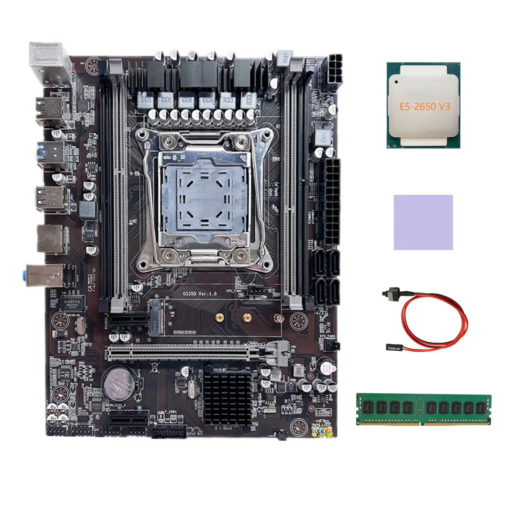 

X99 Motherboard LGA2011-3 Computer Motherboard with E5 2650 V3 CPU+DDR4 4GB 2133 Mhz RAM+Switch Cable+Thermal Pad