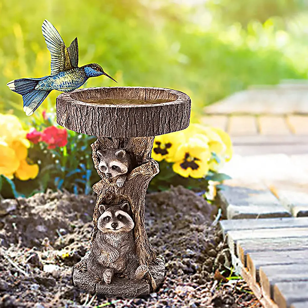 

Cute Art Resin Raccoon Bird Bath Handicraft Gardening Ornaments Bird Feeder Garden Decoration Outdoor Home Decor