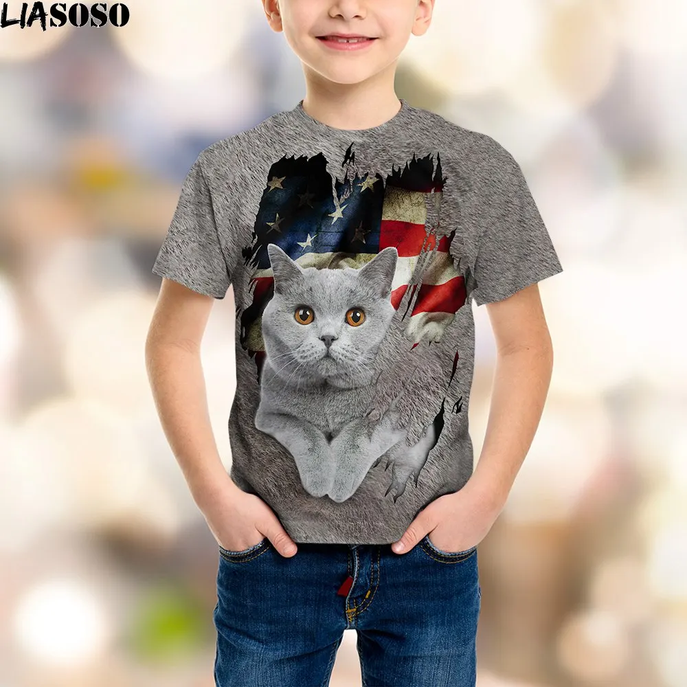 

LIASOSO 2022 American Shorthair Children T-Shirt Men's Hipster Cartoon Cute Cat Printed Harajuku Shirts Popular Streetwear Tops