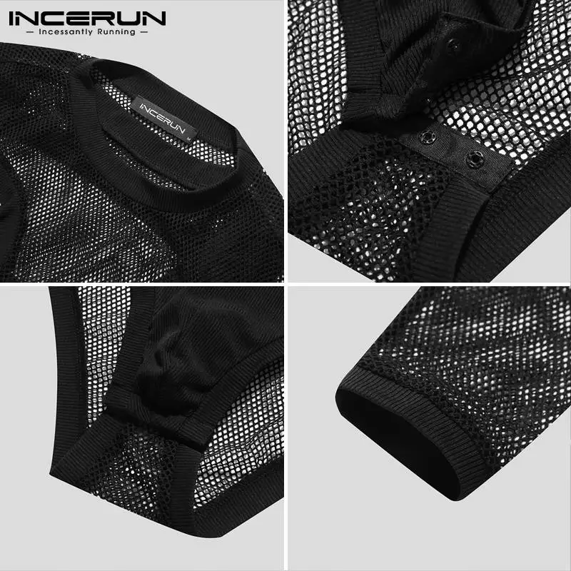 2023 Men Bodysuits Mesh Patchwork See Through Pajamas O-neck Long Sleeve Skinny Rompers Underwear Sexy Bodysuit INCERUN S-5XL
