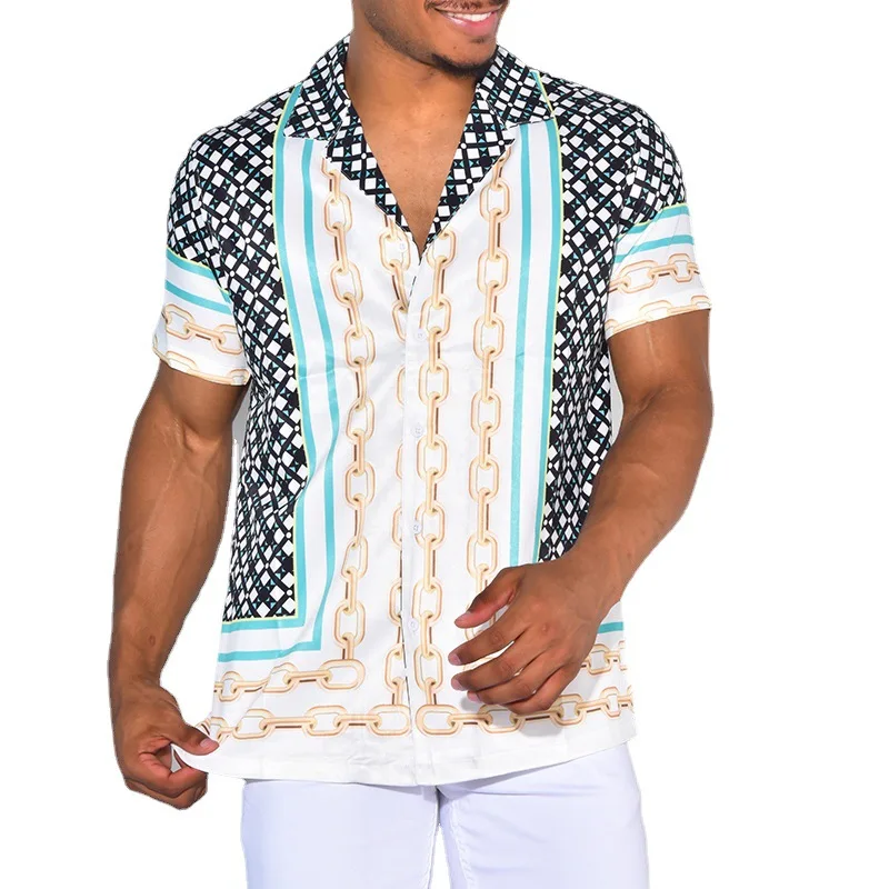Men's Shirt Summer Fashion Loose Print Cardigan Shirt Men's Casual Short Sleeve Single-Breasted Turn-down Collar Shirt Top