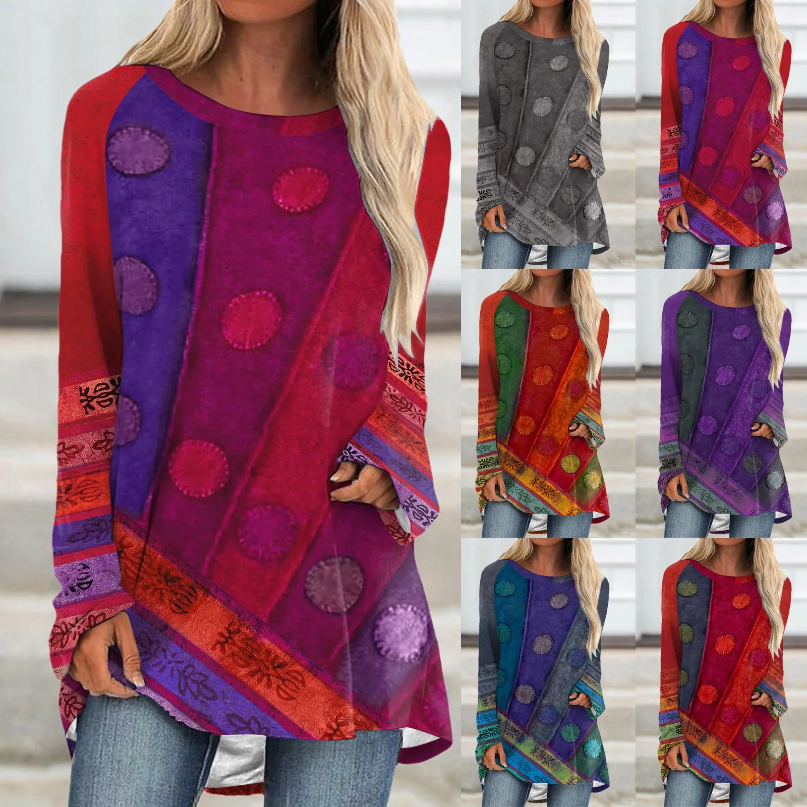 

Женская Свободная блузка с геометрическим принтом, Повседневный пуловер в Западном этническом стиле с круглым вырезом, Осень-зима