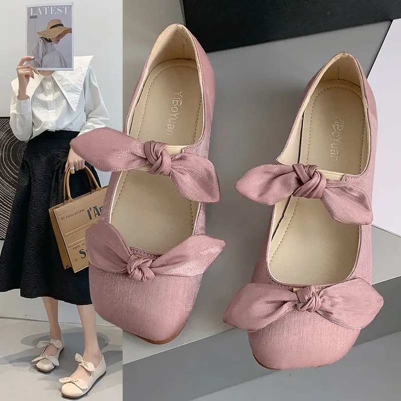 

Shoes for Women 2023 Flats with Bow Ladies Summer Footwear Pink Kawaii Square Toe Cute Flat on Offer Promotion Vacation E Spring
