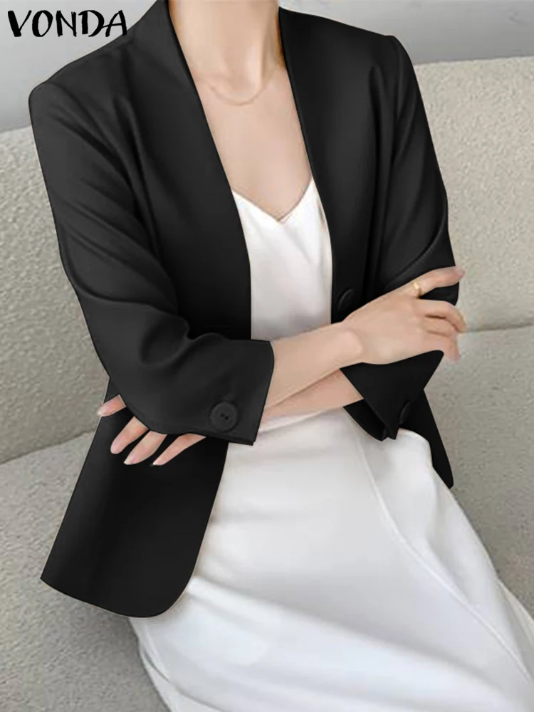 VONDA Elegant Coats Women Office Blazer 2023 Summer Fashion Sexy V Neck Casual Solid Color Coats Female Coat Streetwear