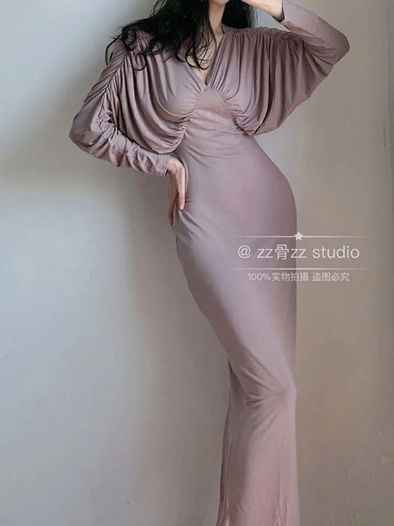 

WOMENGAGA High Street Batwing Sleeve Long Dress Autumn Elegant V-neck Sexy Hgih Waist Korean Robe Gray Purple Goddess Fairy P8AI