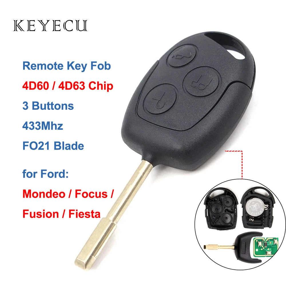 

Keyecu Remote Key Fob 3 Buttons 433MHz 4D60 4D63 Chip for Ford Mondeo Focus Fusion Fiesta Galaxy Transit Full Car Key FO21 Blade