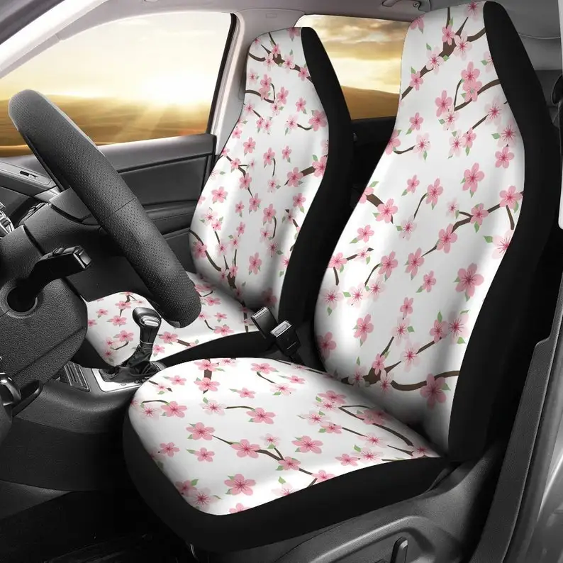 

White With Pink Cherry Blossom Flower Bouquets Car Seat Covers Set Universal Bucket Seat Covers For Most Car and SUV Models