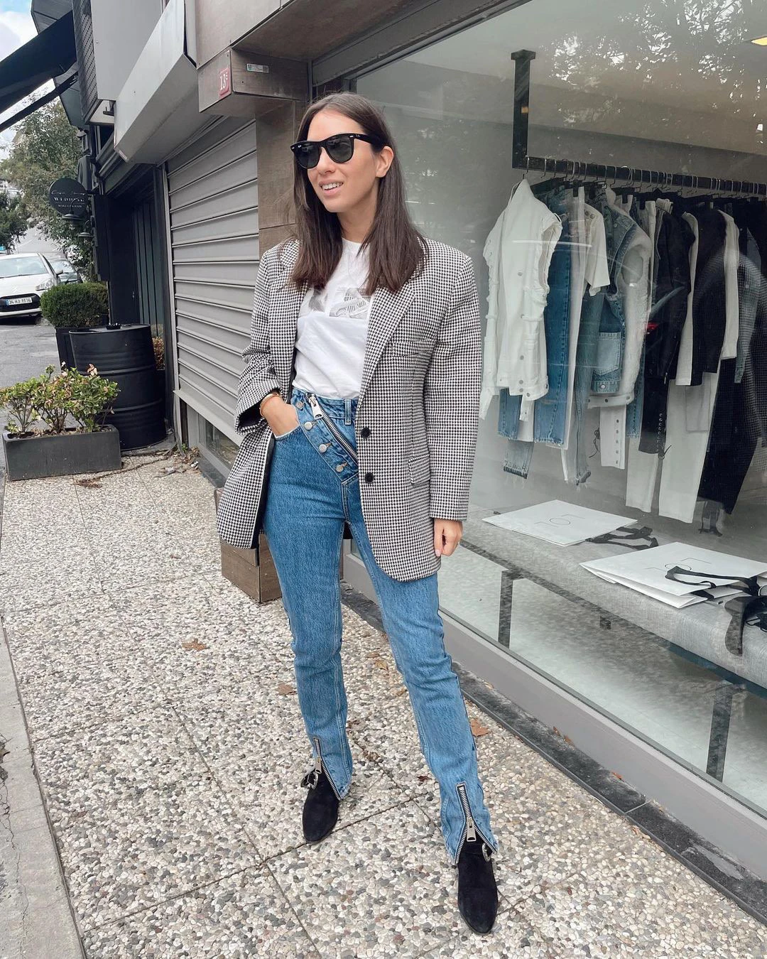 

Women Asymmetry Button High Waisted Denim Pencil Pants Jeans
