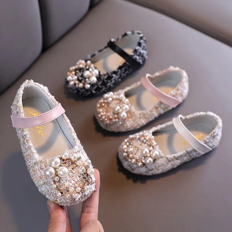 

Kids Girls Pearl Crystal Princess Shoes Wedding Dress Non - Slip PU Leather Flat Dance Shoes for Children