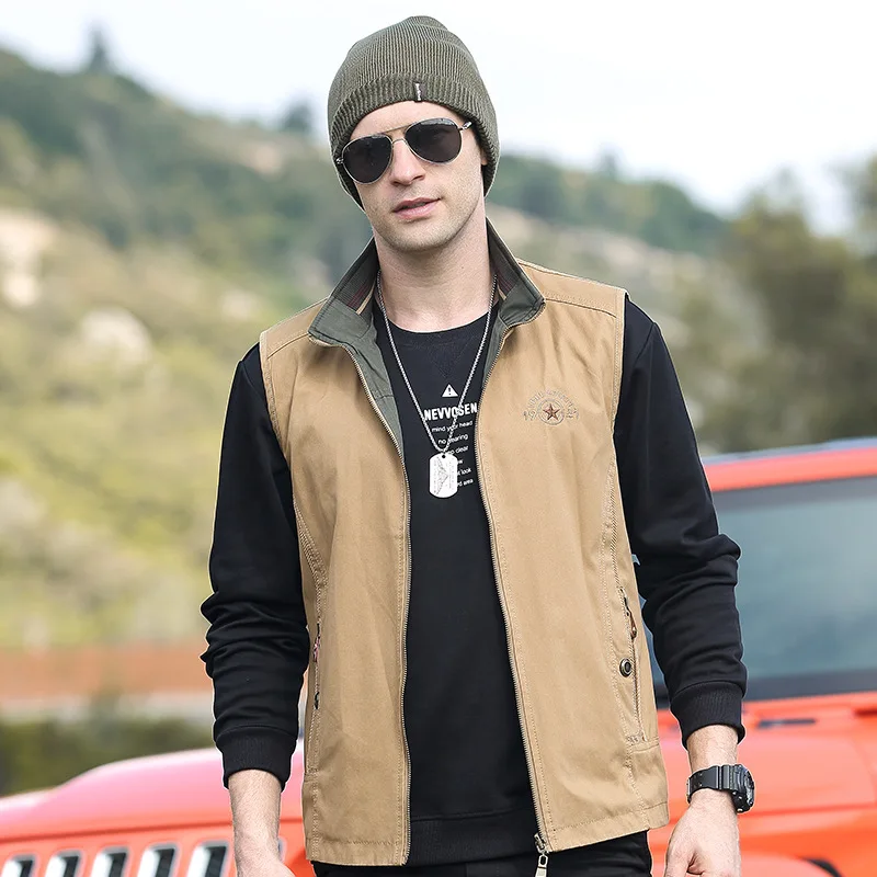 

2022 Spring and Autumn New Double-sided Vest Men's Multi Pocket Work Clothes Jacket Shoulder Loose Stand Collar Vest Coat 6533