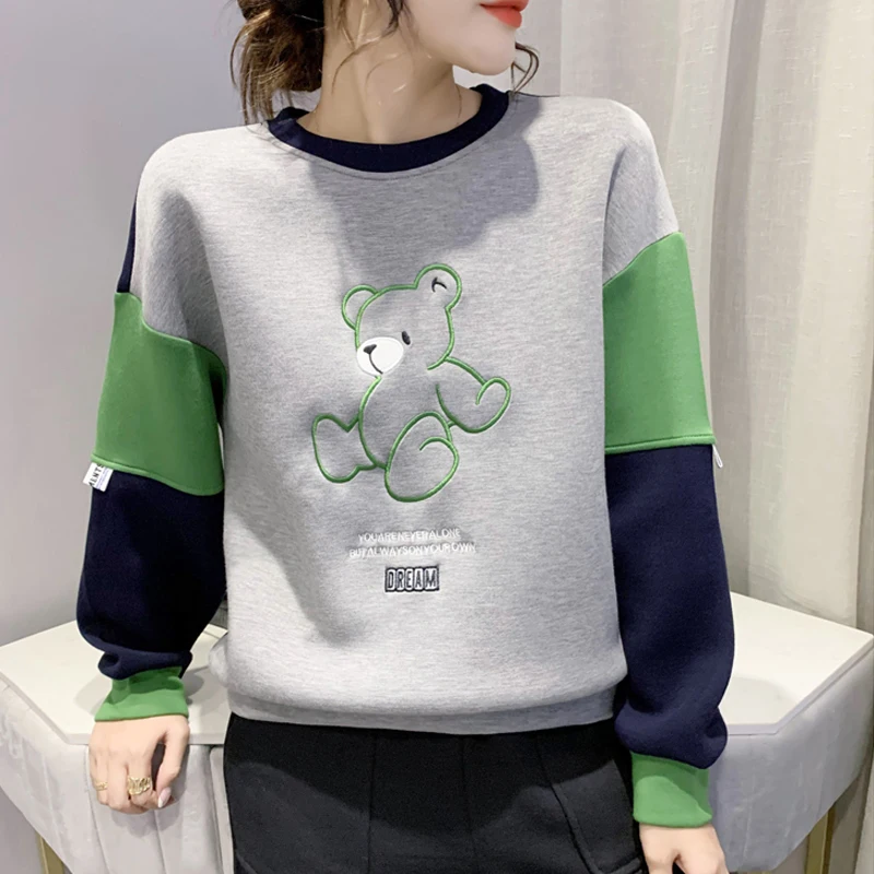 

Women Patchwork Colors Matching Fashion Casual Cartoon Sweatshirts Female Harajuku Loose Bear Embroidered O-neck Pullovers Tops