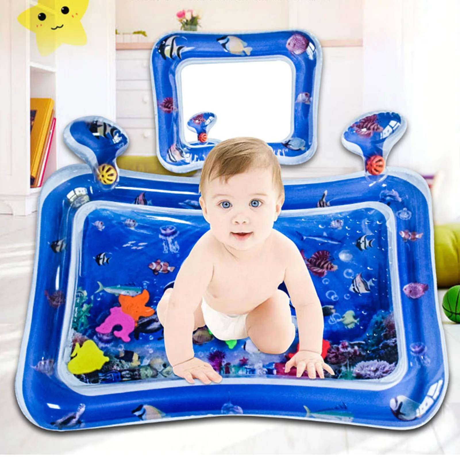 

New Infant Crawling Training Pat Pad PVC Inflatable Water Filled Play Mat Square Marine Life Jellyfish Cushion With Mirror