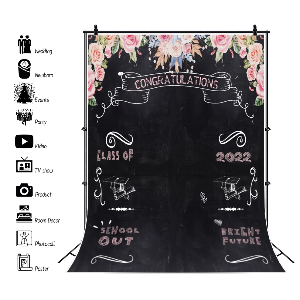 

Laeacco Class Of 2022 Congrats Grad Background Blackboard Bachelor Cap Flower Students Portrait Customized Photography Backdrop