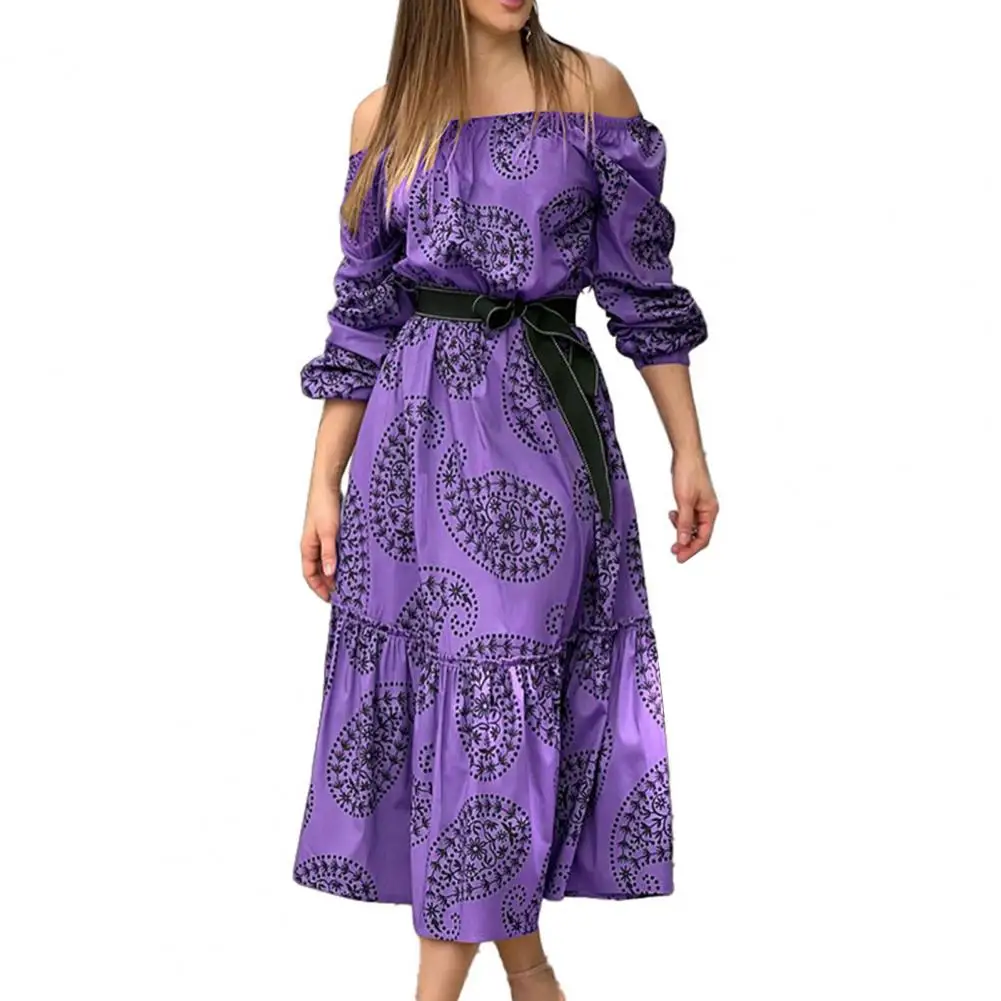 

Midi Dresses for Women 2022 Elegant Long Sleeve Belted A-Line Vintage Print Off Shoulder Summer Dress Women Clothes Green XL
