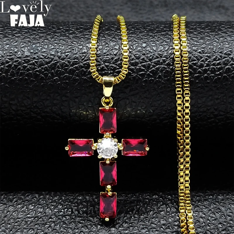 Fashion Sweet Pink Zircon Cross Pendant Necklace Women Stainless Steel Chain Sparkling Crystal Crucifix Necklaces Jewelry Gifts