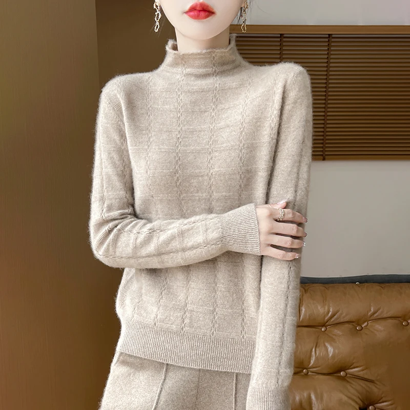 Осень/зима однотонный свитер из 100% шерсти с высоким воротником женский тонкий и