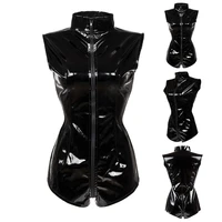 sexy shiny black latex pvc bodysuit wet look pu leather skinny catsuit 3 zipper head fetish costume