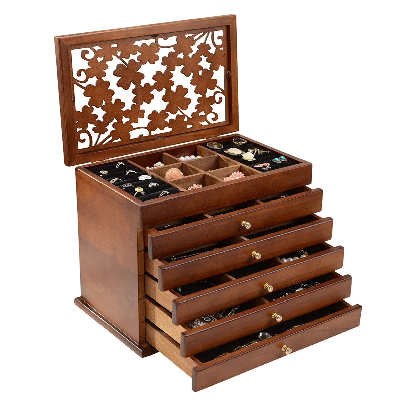 Solid Wood Jewelry Box Big 6 Floor Jewelry Display with Mirror Casket Earrings Ring Box Jewelry Organizer Case Jewelry Gift