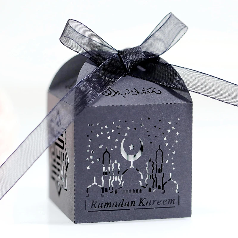 

25pcs Eid Mubarak Ramadan Candy Boxes with Ribbon Muslim Islamic Festival Decoration Packaging Cookie Paper Bags for Eid Al-Fitr