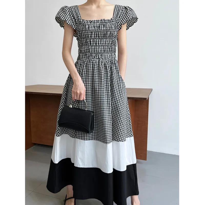 

Summer Square Collar Flying Sleeve Plaid Dress Women Elastic Chest Wrapping Spliced High Waist A-line Swing Long Dresses