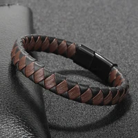 trendy simple men stainless steel woven leather rope wrap bracelets for male female bracelets charm jewelry pulsera hombre