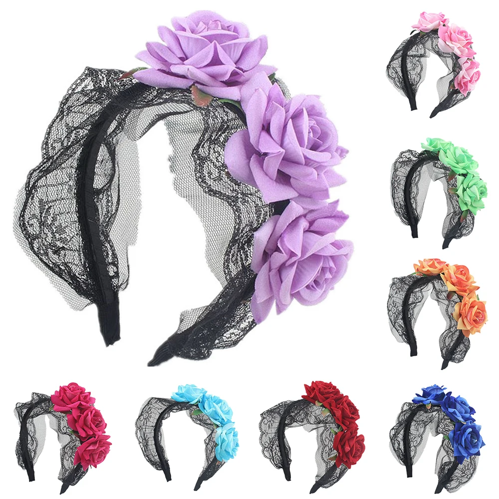 

Floral Hair Band Halloween Artificial Flower Headband Hair Accessories Velvet Faux Rose Lace Hair Hoop Mesh DIY Lolita Headwear