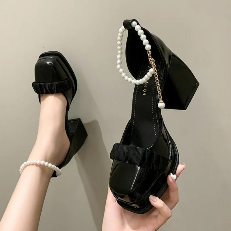 NewWomen Sexy High Heels Party Square Toe Pearl Sandals Ladies PU Fashion Platform Shallow Mouth No-slipPumps Women's high heels