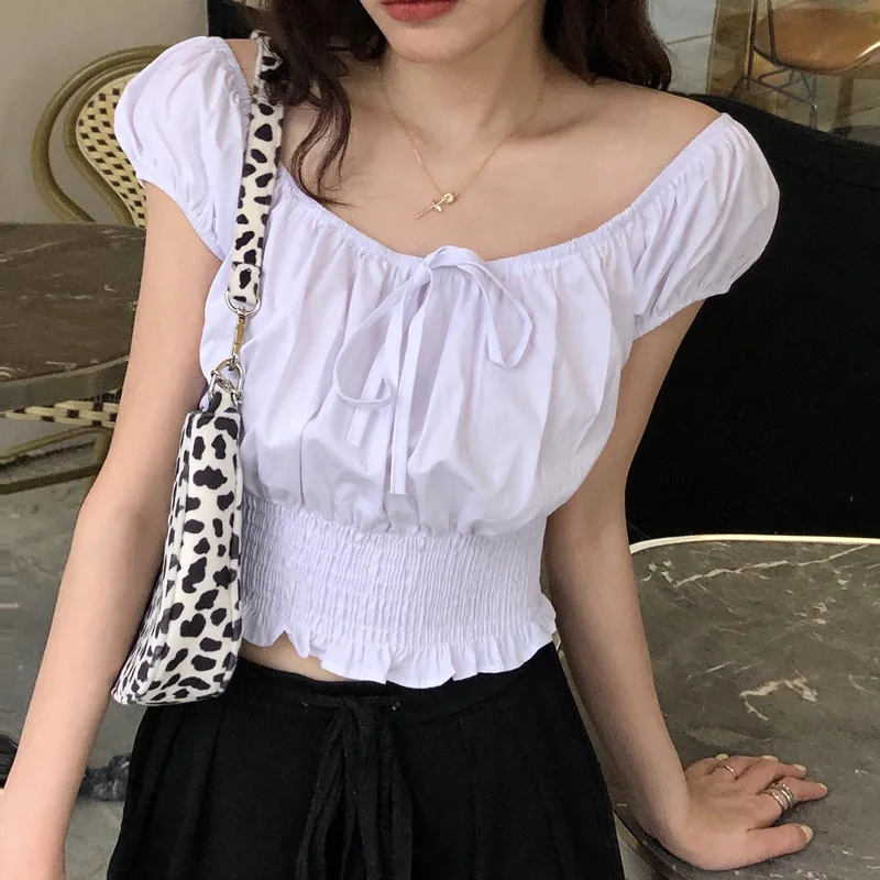 

Plaid Crop Top Y2k Short Shirt Women Design Short Sleeved Shirt Blouse 2022 Summer Hot Girl Slash Neck Puff Sleeve Bow Tee Top