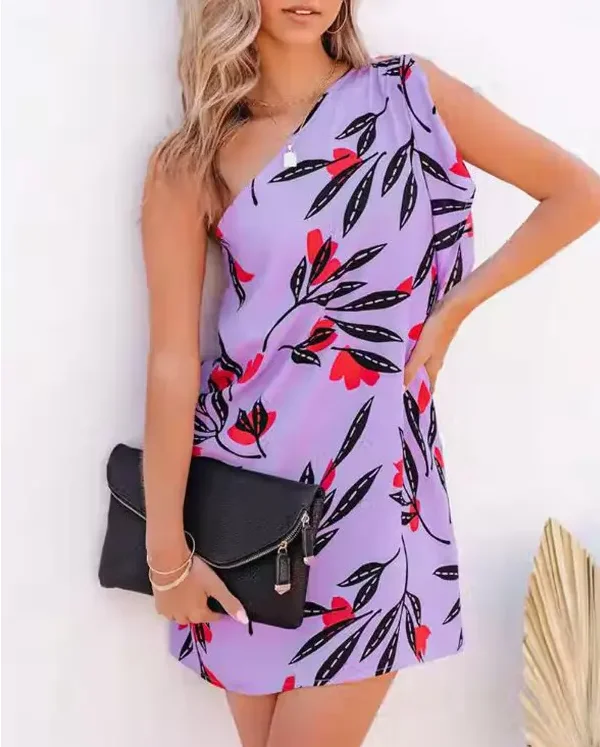 

Женские длинные платья, Повседневное платье на одно плечо с растительным принтом, Новинка лета 2022