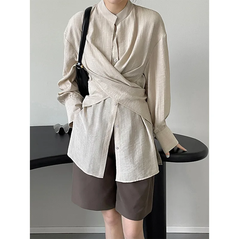 

Design sense stand collar cross straps waist solid color top niche long-sleeved shirt women 2022 early autumn