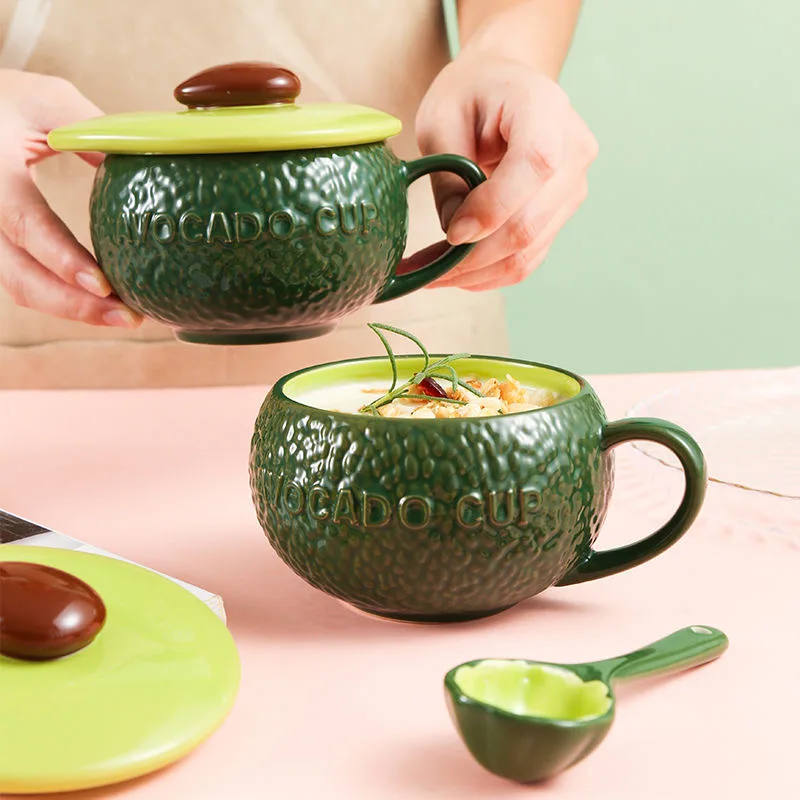 

Avocado Green Ceramic Coffee Mug with Lid Spoon Creative Breakfast Milk Oatmeal Cup Cute Dessert Salad Bowl Microwave Tableware