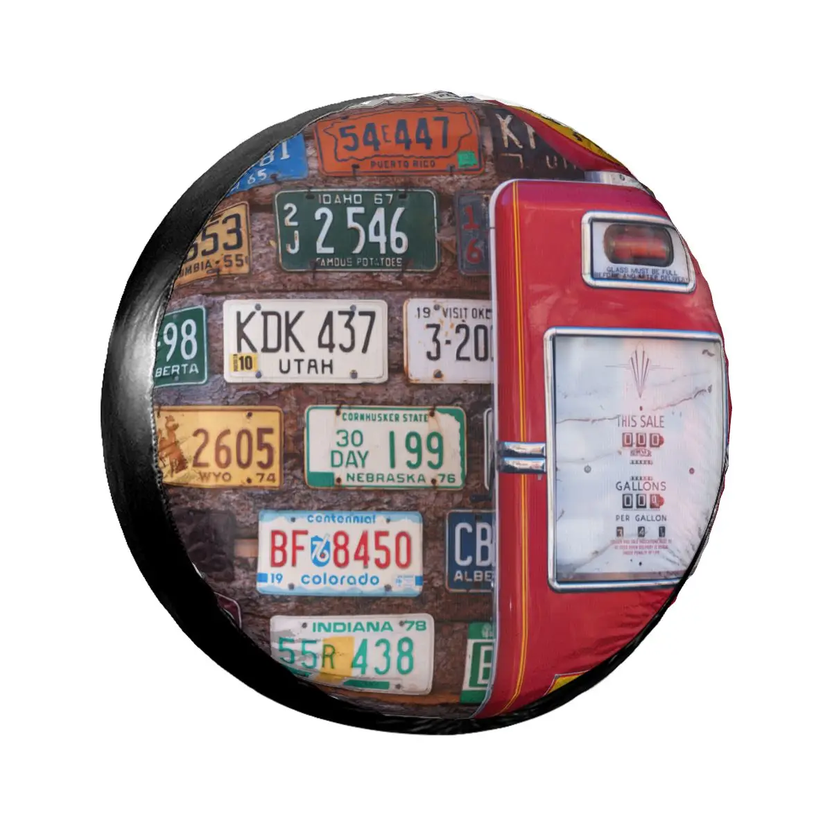 

1Pc Car Spare Tire Cover Various Old American License Plates Behind Antique Gas Pump Tire for Cars Wheel Protection Cover