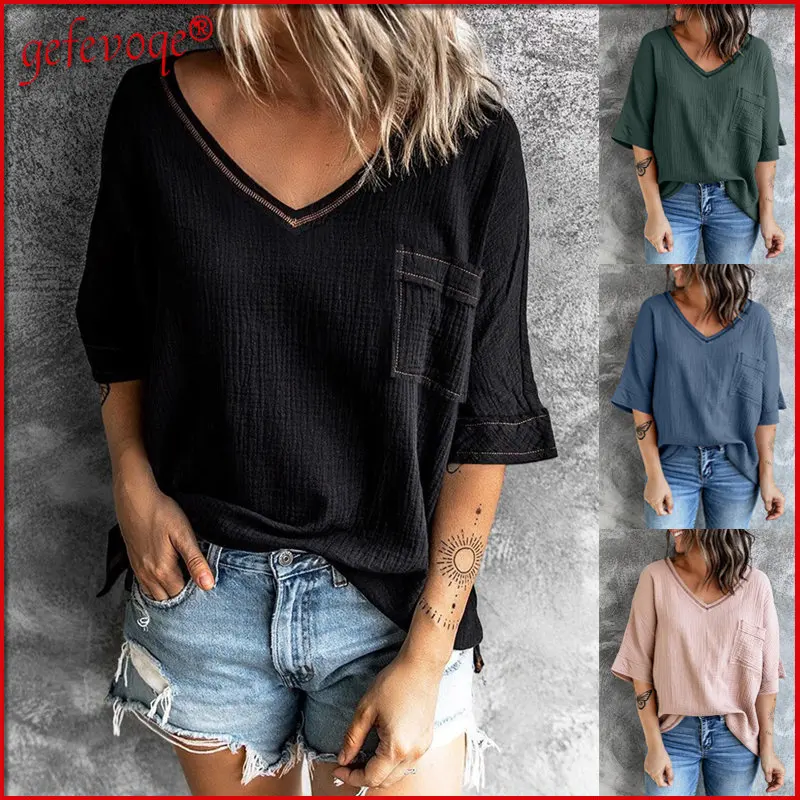 

Женская однотонная блузка с V-образным вырезом, рукавом до локтя