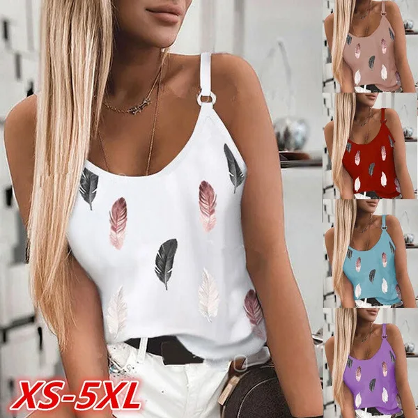 

Women Tank Tops Vintage Feather Print Tank Summer Sleeveless T-Shirts Loose Casual Vest Femme Camisetas De Mujer