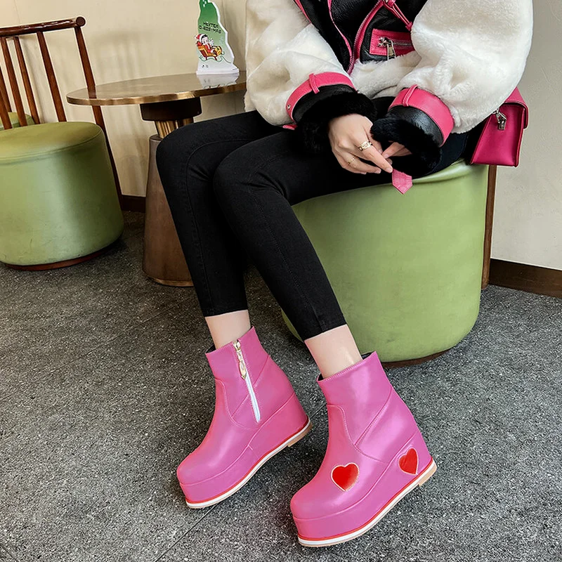 Women Ankle Boots Round Toe Heart Platform Wedges Increased Heel Zipper Sweet Mixed Fashion sheos Casual Yellow Pink NEW 2022