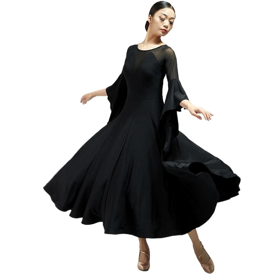 

Women Ballroom Dance Dress Long Expansion Mesh Patchwork Waltz Tango Foxtrot Costumes Female Half Sleeve Stage Wear
