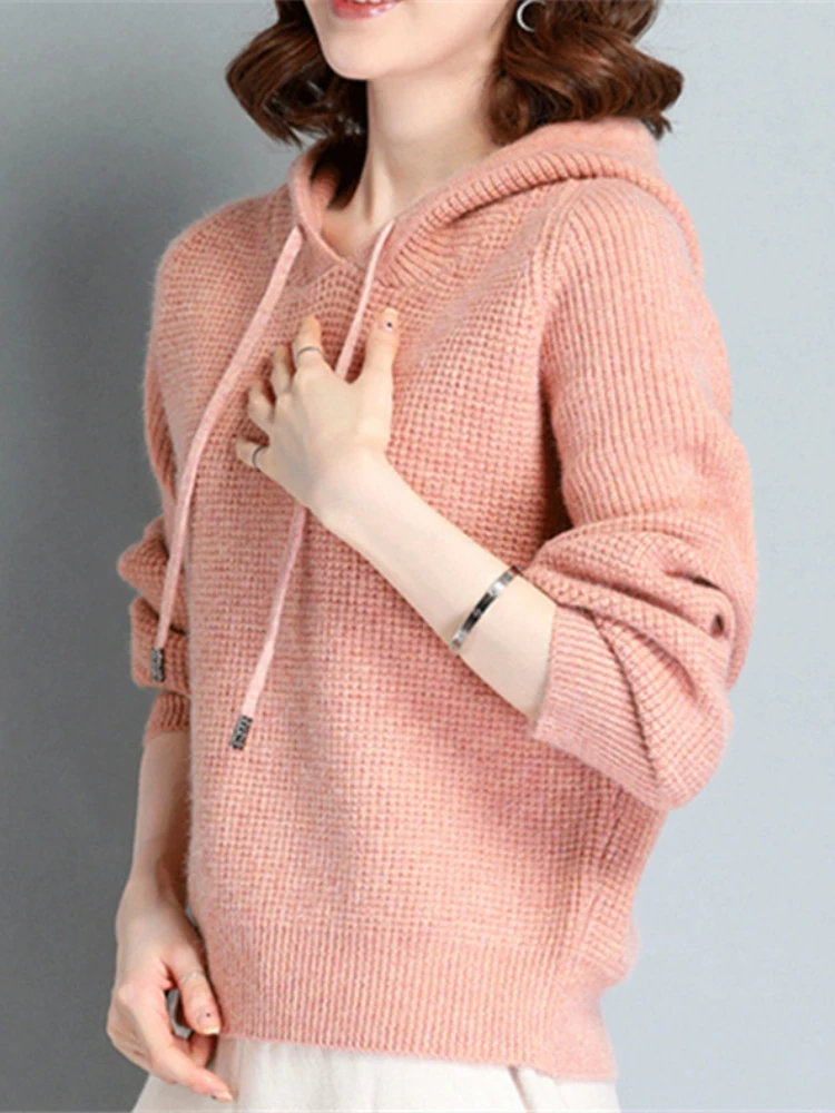 

Sweater Women Fashion Tops 2022 Women Autumn Winter New Hooded Pullover Loose Long-sleeved Solid Color Knitted Sweater Tops