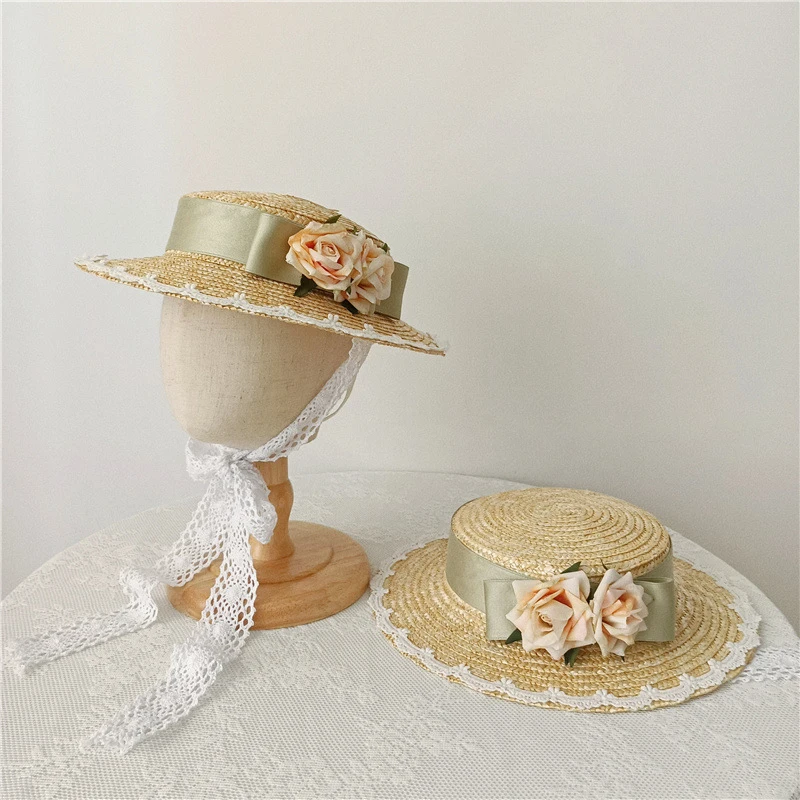 

Кружевная соломенная шляпа в стиле "Лолита", детская шляпа с плоским верхом, подходит к официальному платью, модная кружевная пляжная шляпа с розами, летняя шляпа