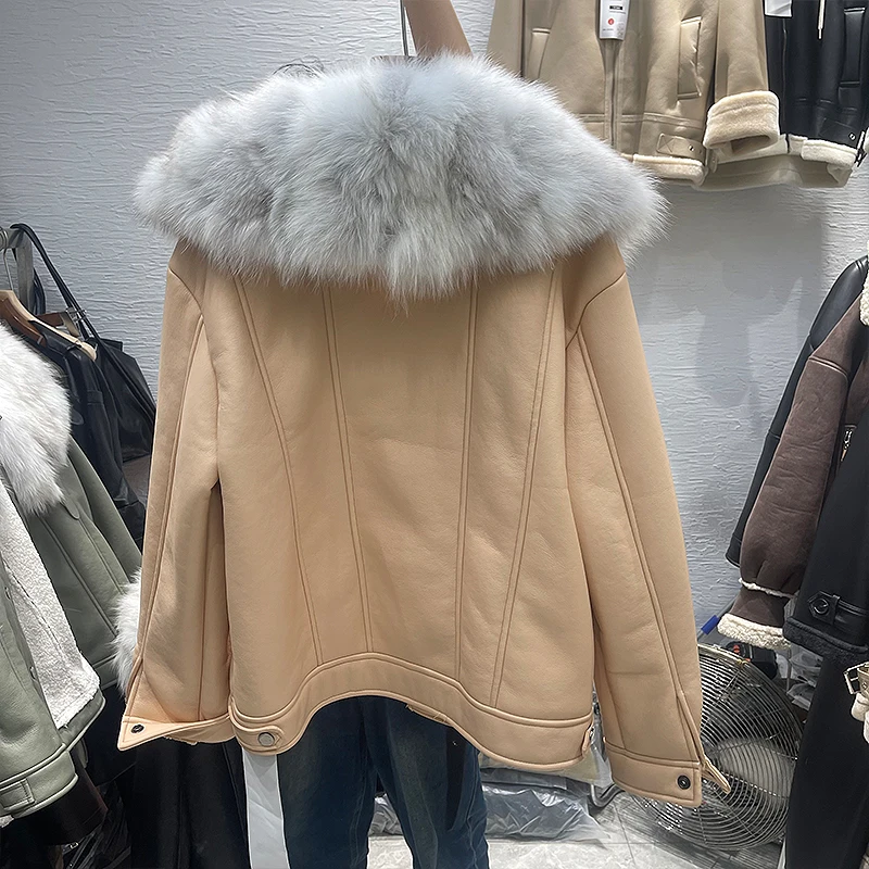 KoHuiJoo Fox Fur Collar Shearling Outerwear Women 2022 Winter Fleece Motorcycle PU Leather Jacket Thick Warm Woman Fur Coat